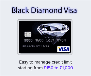 Credit Cards Deals Available Online A digital advertisement for the Black Diamond Visa credit cards, highlighting an easy-to-manage credit limit ranging from £150 to £1,000.