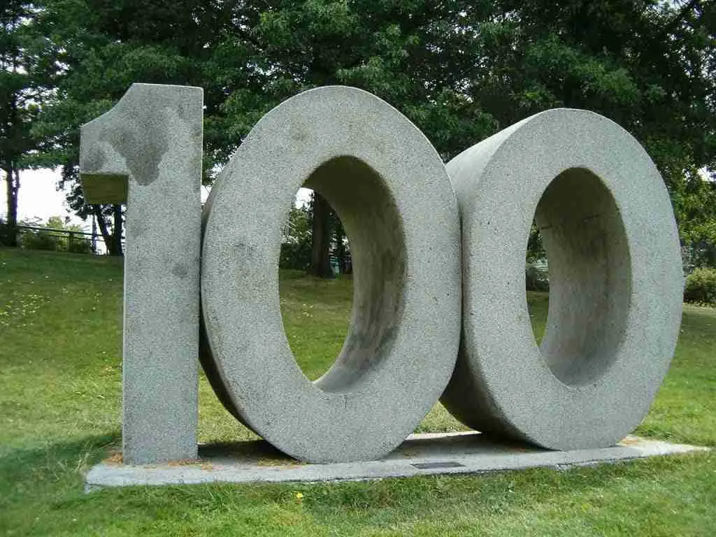 A large stone sculpture of the number "100" standing in a grassy area symbolizes the need for a 100 loan.