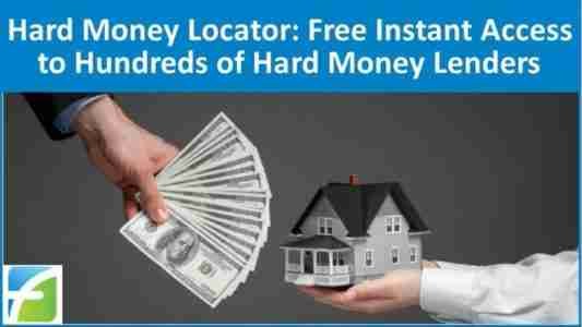 Sub Prime Lender Available Online A hand holding a fan of cash juxtaposed with another hand presenting a model house, with a banner advertising "sub prime lender locator: free instant access to hundreds of hard money lenders".