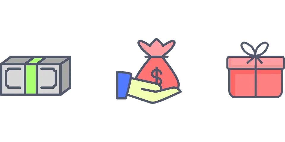 Stylized icons representing money concepts, from left to right: a stack of banknotes, a hand holding a bag of very bad credit loans, and a wrapped gift box, suggesting themes of finance