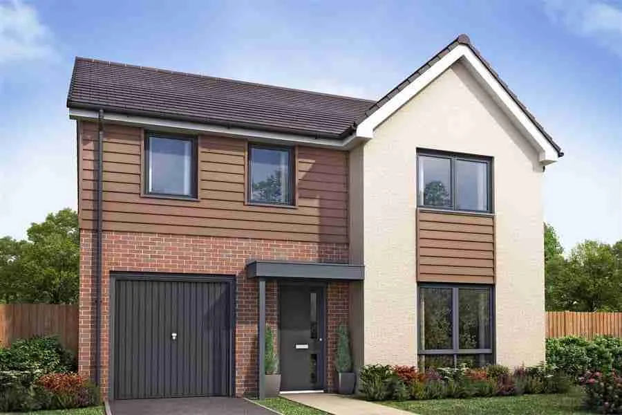 Modern two-story house with a mix of brick and panel siding, featuring a single-car garage and a tall front window, ideal for homeowner secured loans with poor credit.