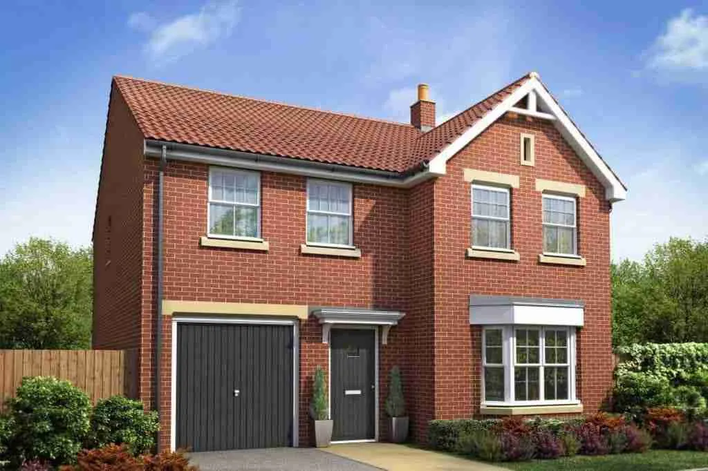 A modern two-story brick house, financed through homeowner loans, with a single garage under a clear sky.