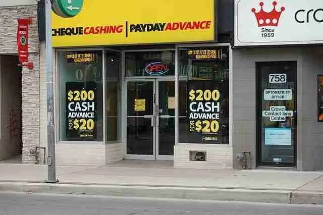 Storefront of a payday loan no credit check service offering cash loans with bright yellow signage.