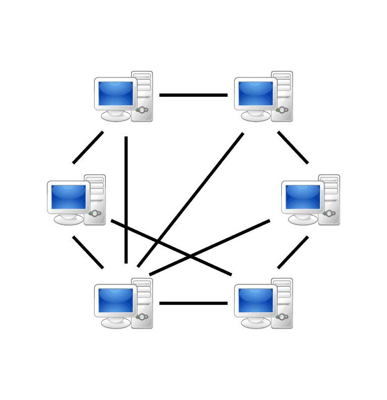 A diagram representing a network of five computers connected in a peer-to-peer topology.