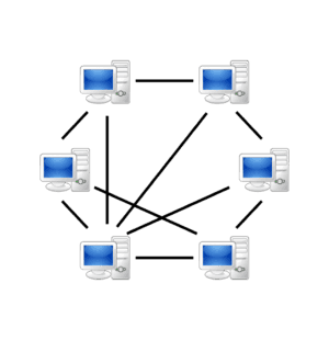 A diagram representing a network of five computers connected in a peer-to-peer topology.