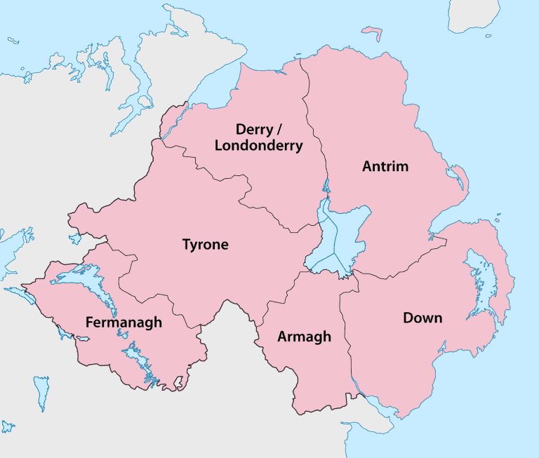 Map highlighting the six counties of Northern Ireland, suitable for those interested in bad credit loans: Antrim, Down, Armagh, Derry/Londonderry, Tyrone, and Fermanagh