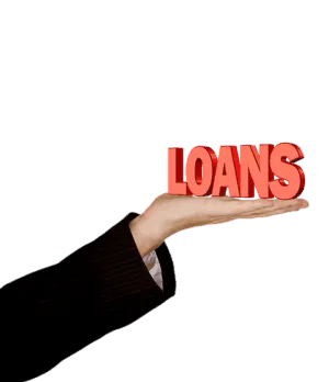 A hand presenting the word "loans" in bold, red letters, symbolizing the concept of borrowing or reviewing online financial services.