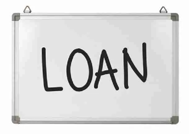 Whiteboard with the word "loan" written in bold, black marker, indicating a discussion or presentation about guide to capital money loans may be underway.