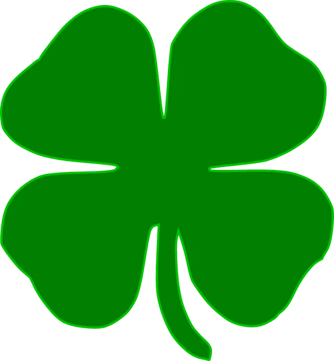 A simple graphic of a four-leaf clover with a bright green color, often associated with St. Patrick's Day in Ireland or considered a symbol of good luck.