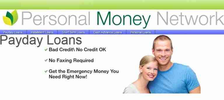 A smiling couple posing on a financial service website advertising guaranteed personal loans, with assurances of no credit checks or faxing required, and promoting emergency funds availability.