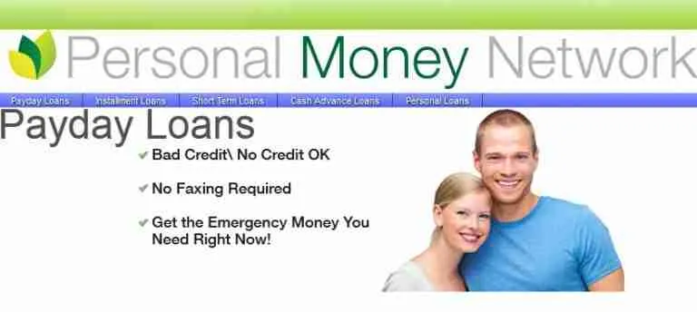 A smiling couple posing on a financial service website advertising guaranteed personal loans, with assurances of no credit checks or faxing required, and promoting emergency funds availability.
