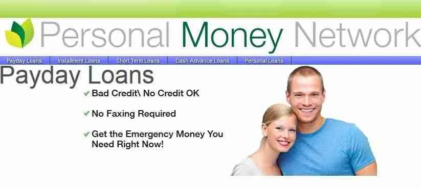 A smiling couple posing on a financial service website advertising guaranteed personal loans, with assurances of no credit checks or faxing required, and promoting emergency funds availability.