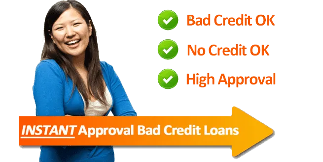 A smiling woman with crossed arms next to bulleted points highlighting 'bad credit ok', 'no credit ok', and 'high approval', with an arrow indicating 'instant approval bad credit loans for 250