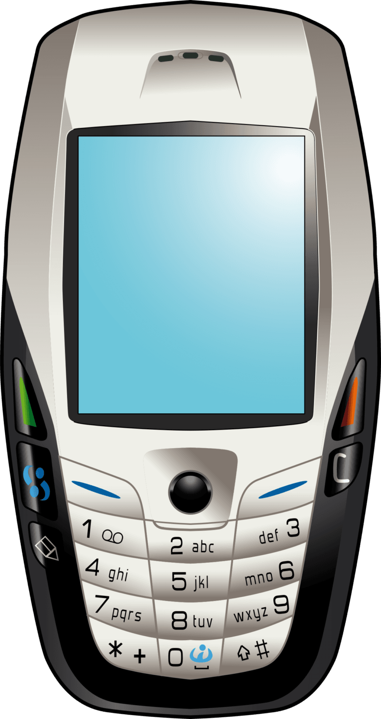 An illustration of an early 2000s era mobile phone with a physical numeric keypad and small blue screen.