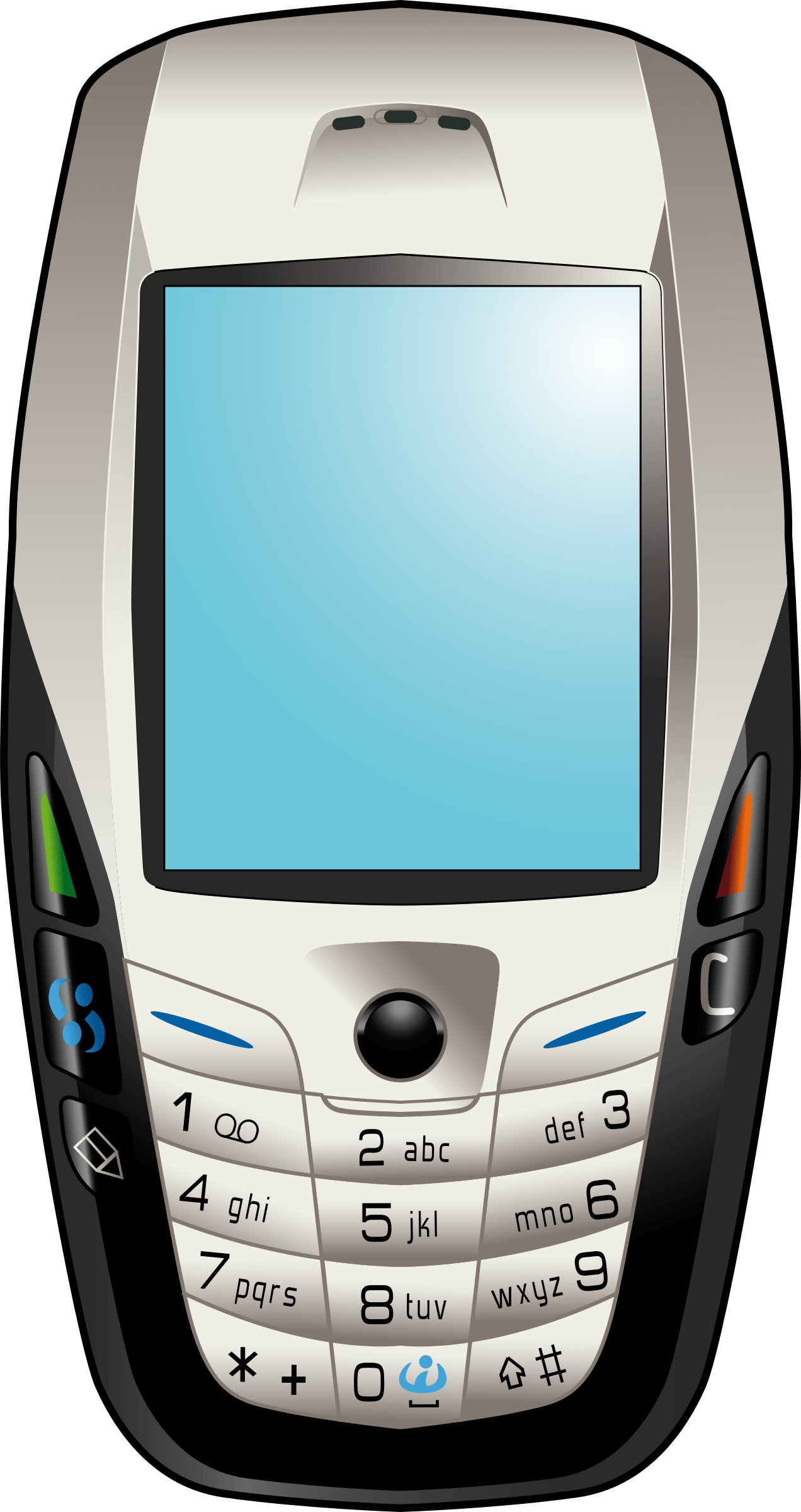 An illustration of an early 2000s era mobile phone with a physical numeric keypad and small blue screen.